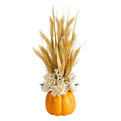 21" Dried Wheat And Pumpkin Fall Arrangement In Pumpkin Vase