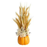 21" Dried Wheat And Pumpkin Fall Arrangement In Pumpkin Vase
