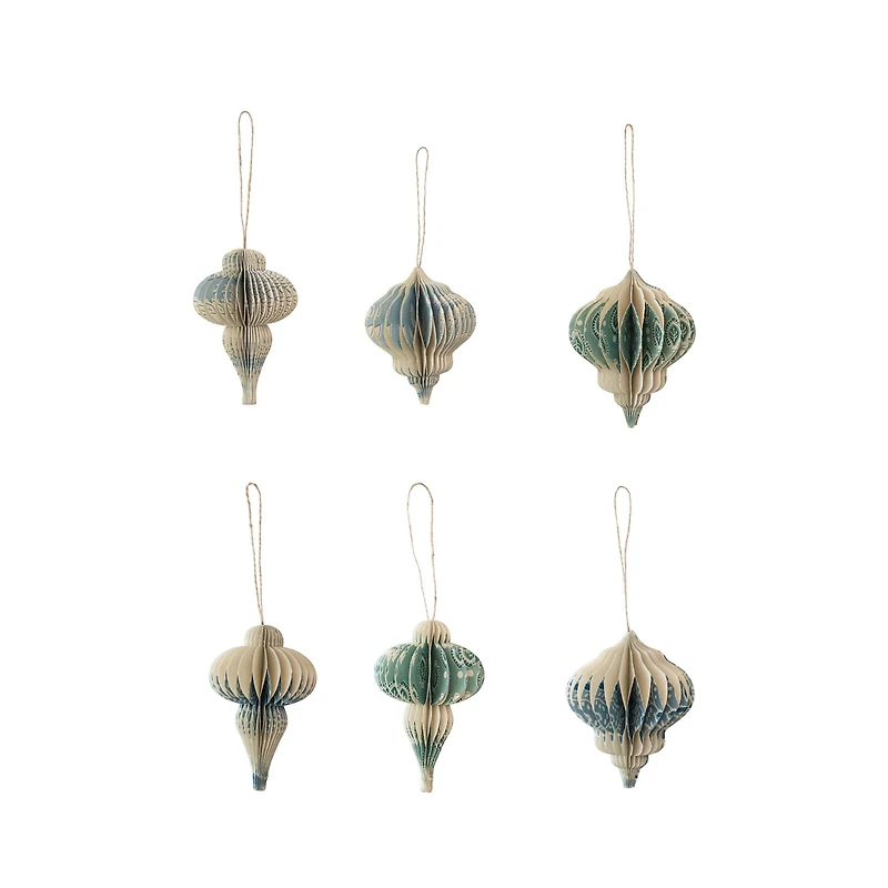 Hello Honey® 6 Pack 5" Blue & Ivory Honeycomb Finial Recycled Paper Ornaments