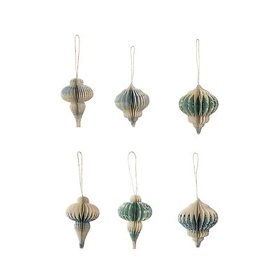Hello Honey® 6 Pack 5" Blue & Ivory Honeycomb Finial Recycled Paper Ornaments
