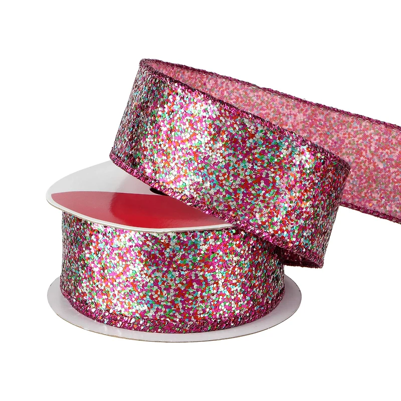 1.5" x 15ft. Hot Pink Confetti Wired Glitter Ribbon by Celebrate It®