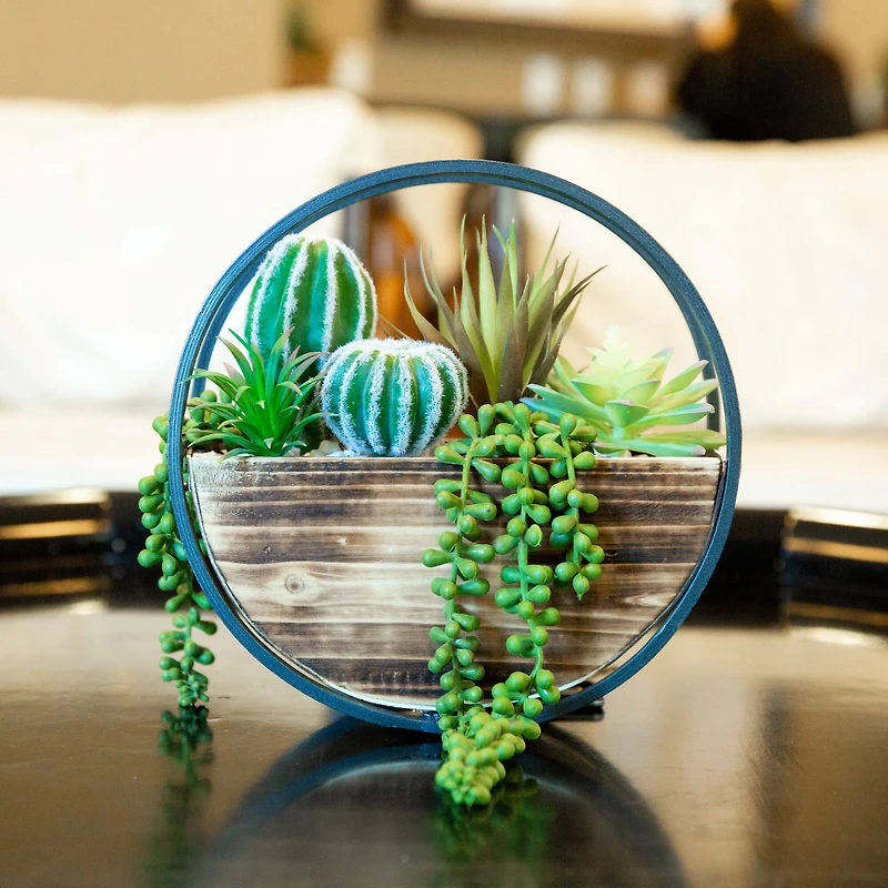 Flora Bunda® 11" Round Wood & Metal Wall Succulent Mix