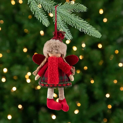 Plaid Angel Girl with Jute Pigtails  Christmas Ornament - 8.5" - Red and Beige