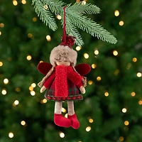 Plaid Angel Girl with Jute Pigtails  Christmas Ornament - 8.5" - Red and Beige