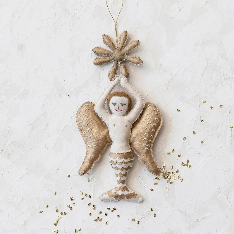 Hello Honey® 9.5" Cream & Gold Handmade Canvas & Wool Felt Angel Ornament with Embroidery