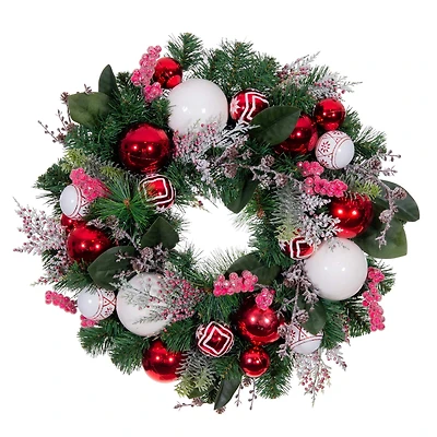 Village Lighting 24" Pre-Lit Nordic Christmas Wreath, Red & Clear LED Lights