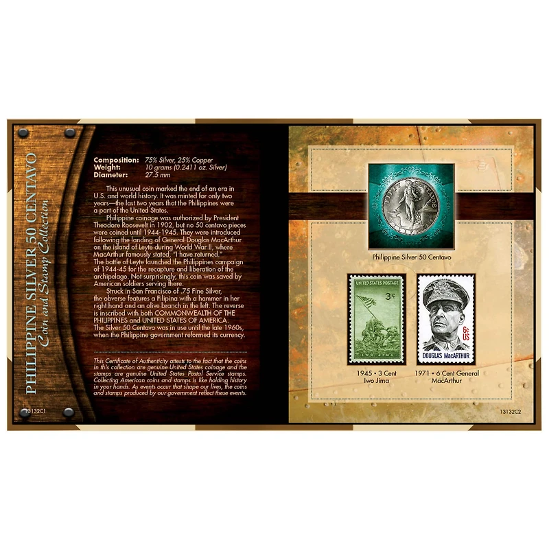 World War II Silver Philippines 50 Centavos Coin & Stamp Collection