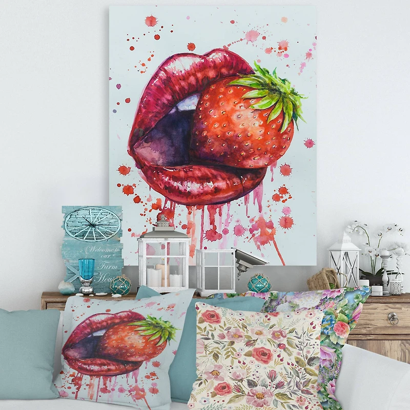 Designart - Red Woman Lips Eating A Strawberry
