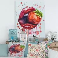 Designart - Red Woman Lips Eating A Strawberry
