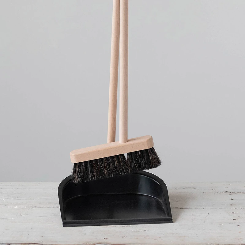 Hello Honey® Natural & Black Beech Wood Broom & Standing Metal Dust Pan Set