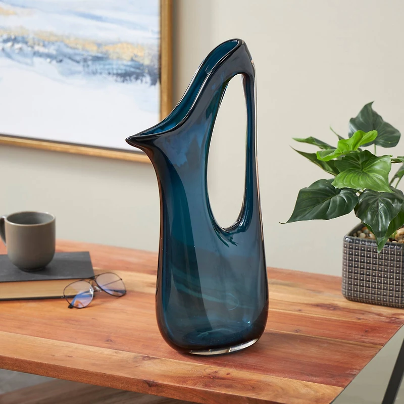 Blue Abstract Glass Vase with Cutout Handle & Elongated Opening