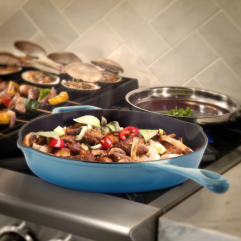 MegaChef 12" Round Blue Enamel Cast Iron Skillet