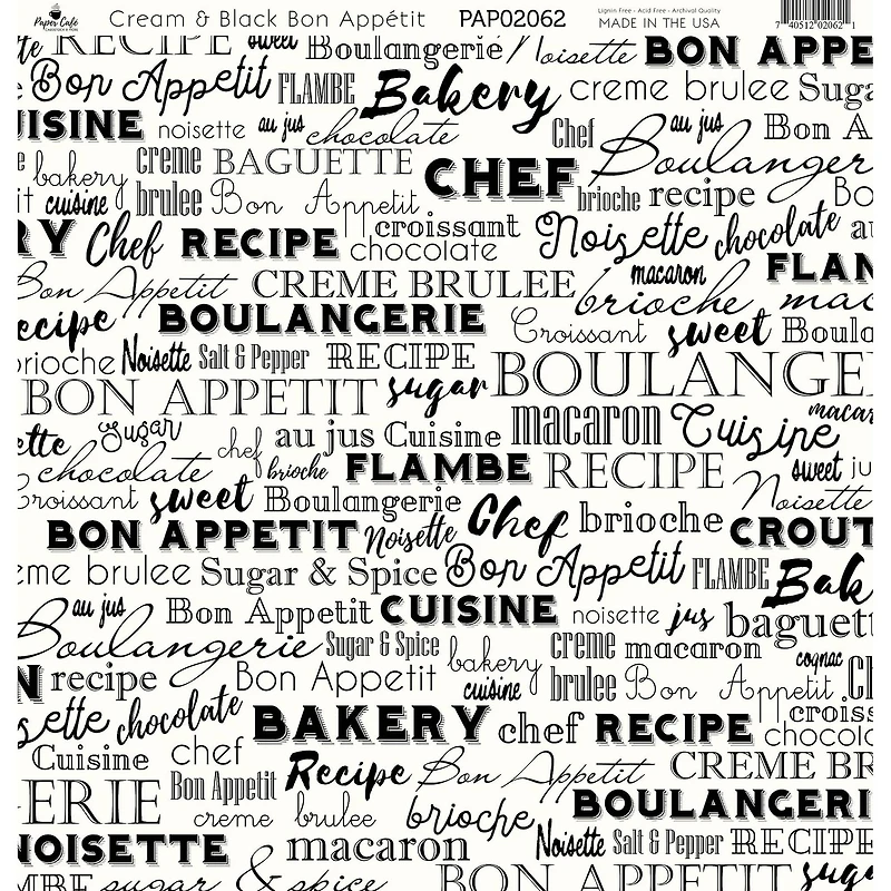 Paper Café Cream & Black Bon Appetit 12" x 12" Cardstock, 15 Sheets