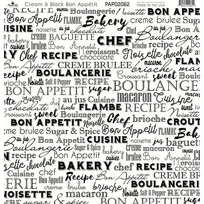 Paper Café Cream & Black Bon Appetit 12" x 12" Cardstock, 15 Sheets