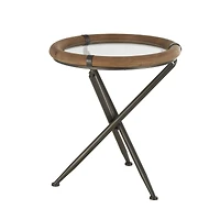22.25" Brass Metal Round Accent Table with Wooden Framed Glass Tabletop
