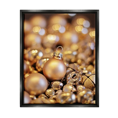 Stupell Industries Gleaming Christmas Ornaments Bells Framed Floater Canvas Wall Art