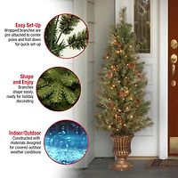 4 ft. Pre-Lit & Pre-Decorated Potted Crestwood Spruce Slim Artificial Christmas Tree, Clear Lights