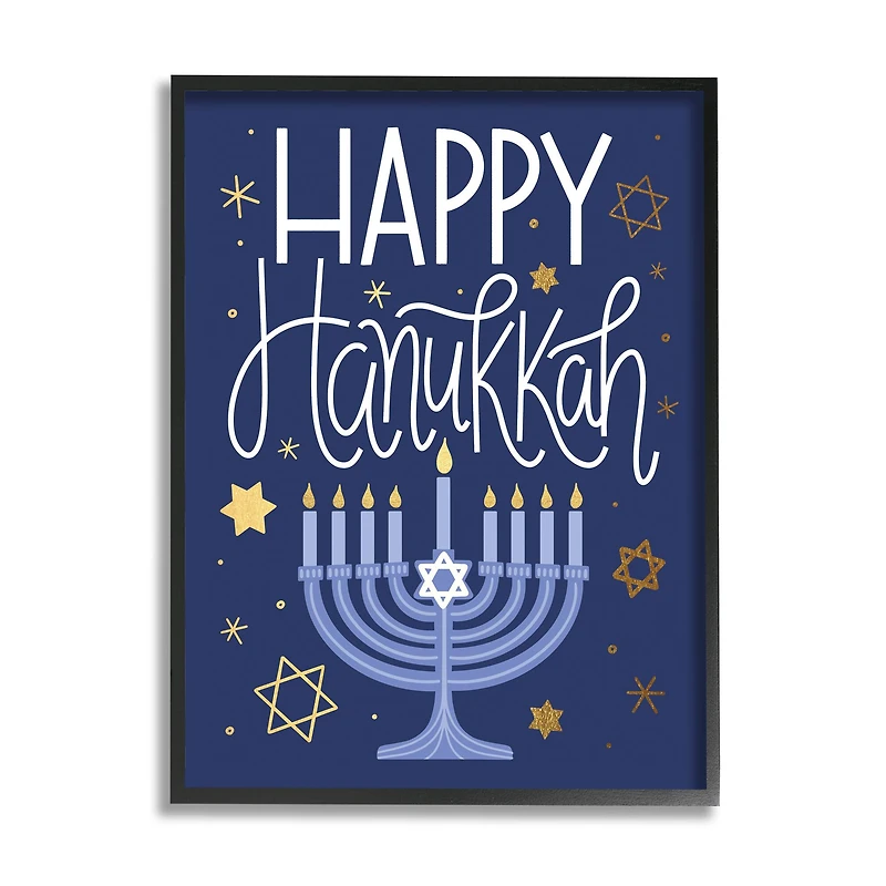 Stupell Industries Happy Hanukkah Blue Menorah Pattern Framed Giclee Art