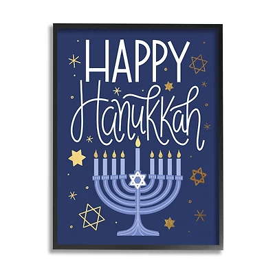 Stupell Industries Happy Hanukkah Blue Menorah Pattern Framed Giclee Art