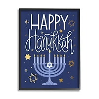 Stupell Industries Happy Hanukkah Blue Menorah Pattern Framed Giclee Art