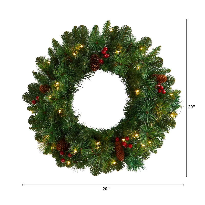 20" White LED Lights Frosted Pine Artificial Christmas Wreath With Pinecones & Berries