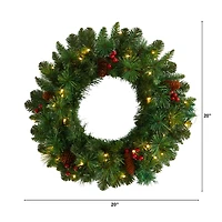 20" White LED Lights Frosted Pine Artificial Christmas Wreath With Pinecones & Berries