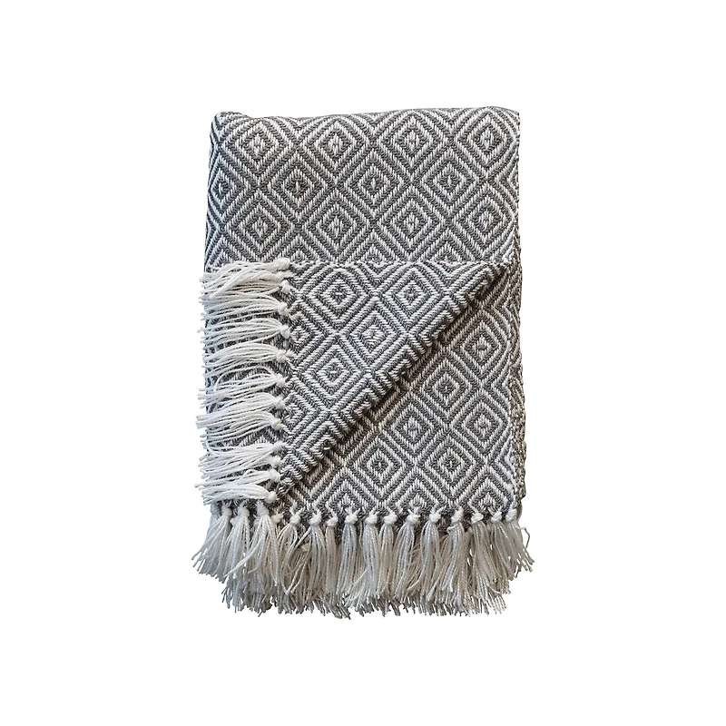 Hello Honey® Charcoal & Cream Geometric Hand-Woven Reclaimed Fabric Throw with Fringe
