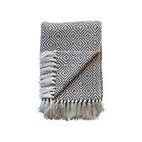 Hello Honey® Charcoal & Cream Geometric Hand-Woven Reclaimed Fabric Throw with Fringe
