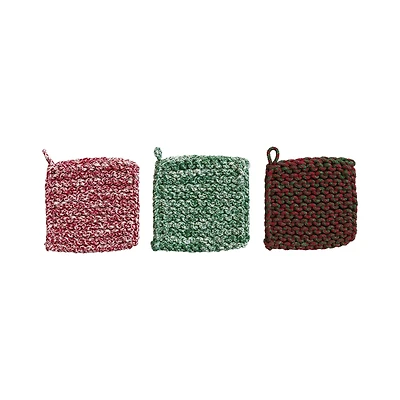 Hello Honey® 8" Red, Green & White Melange Cotton Crochet Pot Holders, 3ct.