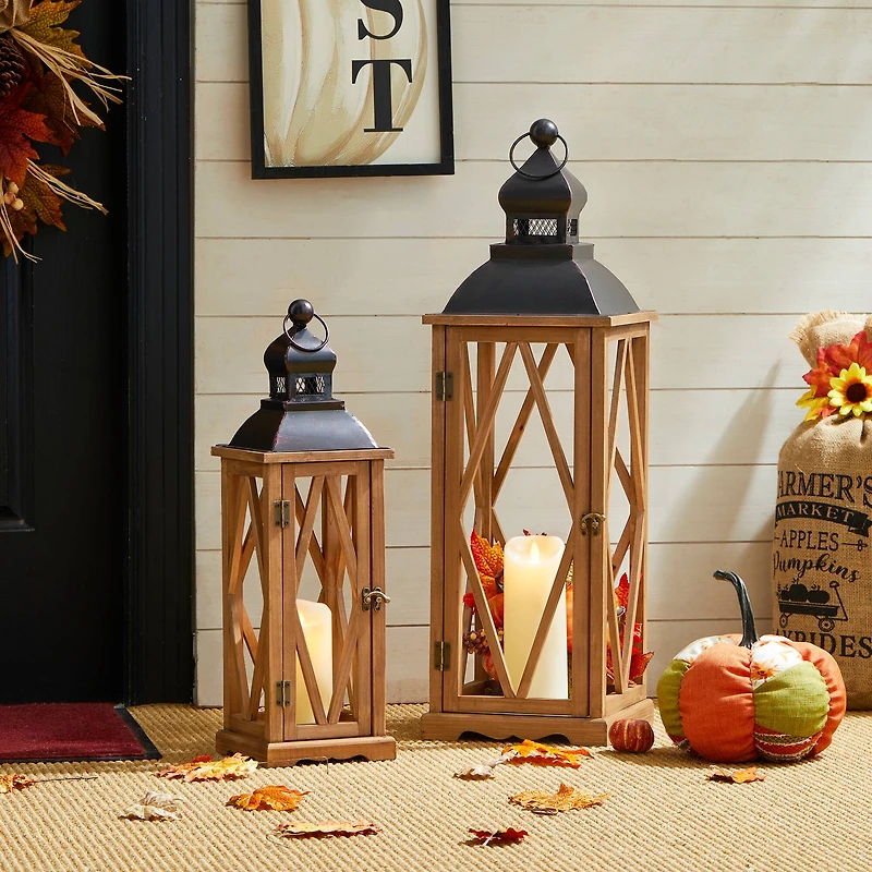 Glitzhome® Farmhouse Antique Diamond Wood & Metal Lanterns Set