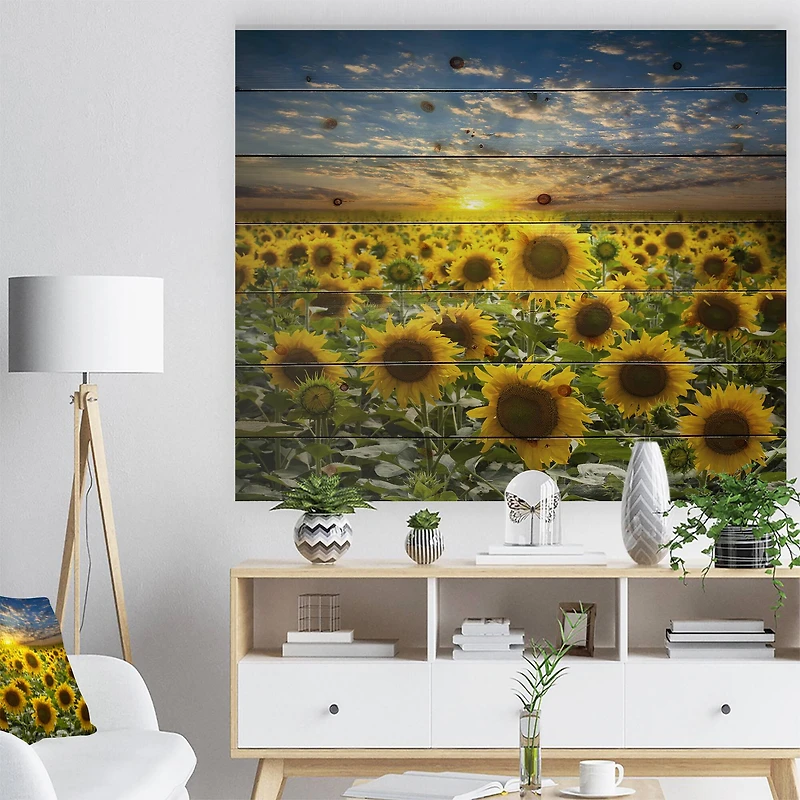 Designart - Field of Blooming Sunflowers - Flower Print on Natural Pine Wood