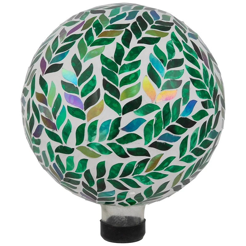 10" White & Green Mosaic Iridescent Leaves Outdoor Garden Gazing Ball