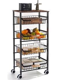 Black 5-Tier Metal Wire Basket Shelf Kitchen Storage Rolling Cart