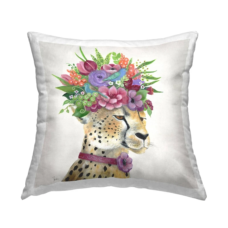 Stupell Industries Majestic Cheetah Mixed Flower Crown Arrangement Throw Pillow, 18" x 18"