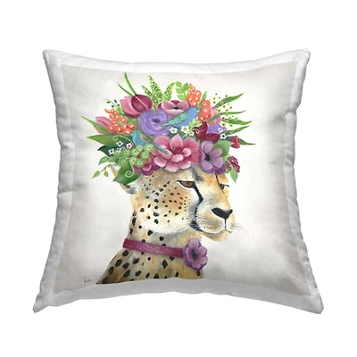 Stupell Industries Majestic Cheetah Mixed Flower Crown Arrangement Throw Pillow, 18" x 18"
