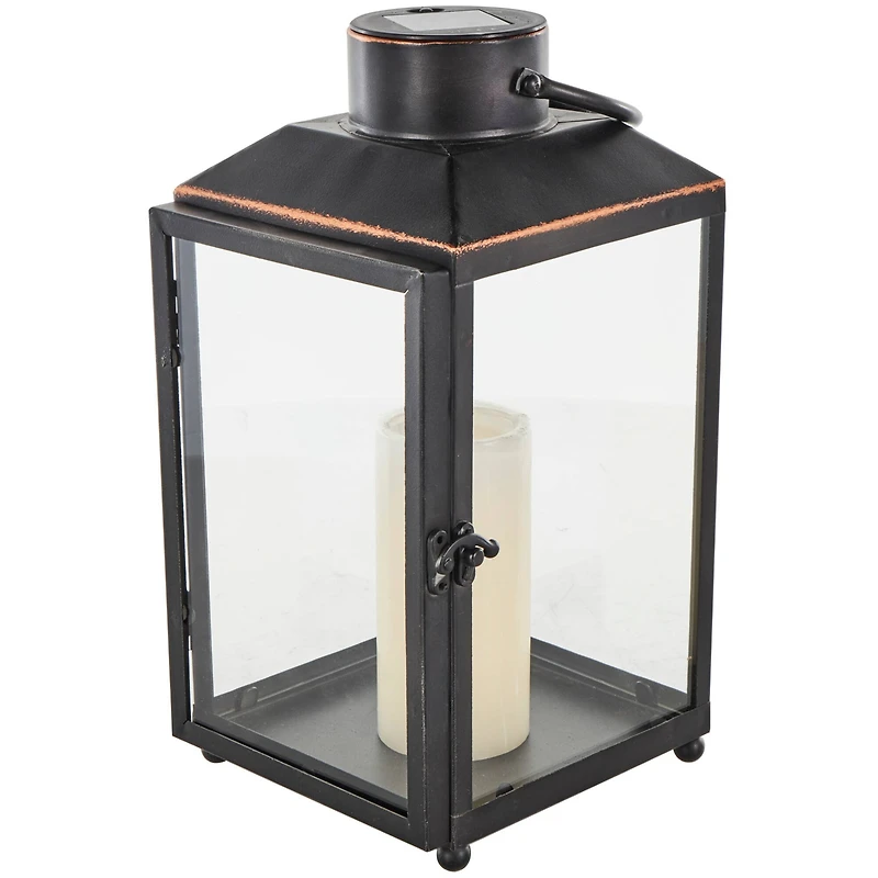14" Black Metal Modern Candle Lantern with Gold Accents