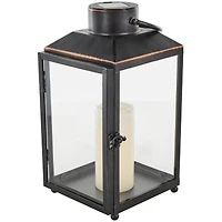 14" Black Metal Modern Candle Lantern with Gold Accents