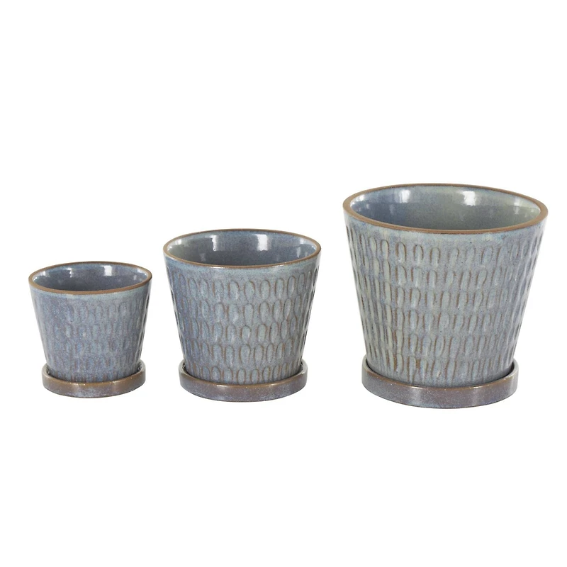 Blue Geometric Oval Patterned Ceramic Planter Set