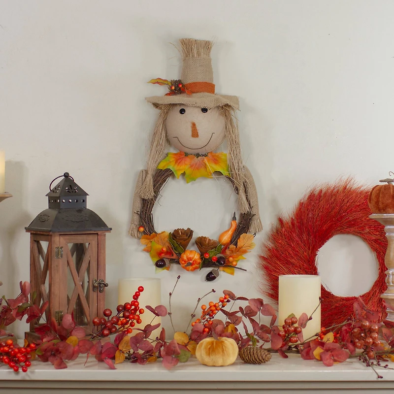20" Yellow & Tan Fall Harvest Scarecrow Wreath Wall Decor