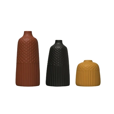 Hello Honey® Embossed Stoneware Vases with Fluted & Polka Dot Designs Set