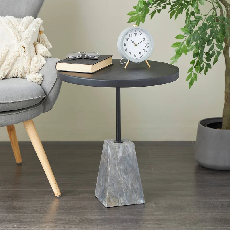 22.5" Black & Gray Wood Accent Table with Marble Pyramid Base