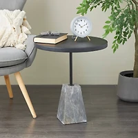 22.5" Black & Gray Wood Accent Table with Marble Pyramid Base