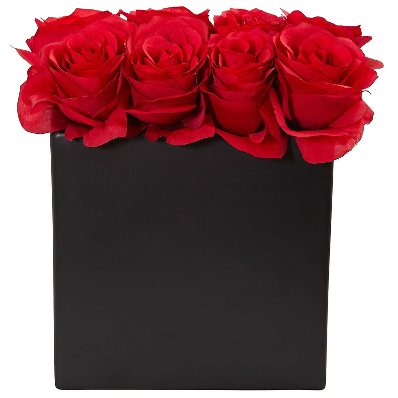 9" Red Roses Floral Arrangement in Black Vase