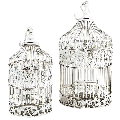 Vintage Distressed White Metal Floral Bird Cage Set