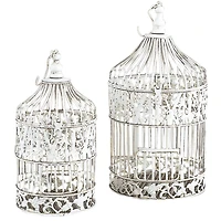 Vintage Distressed White Metal Floral Bird Cage Set