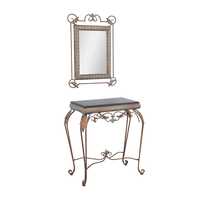 Set of 2" Bronze Metal Traditional Console Table with Mirror, 32" x 23"