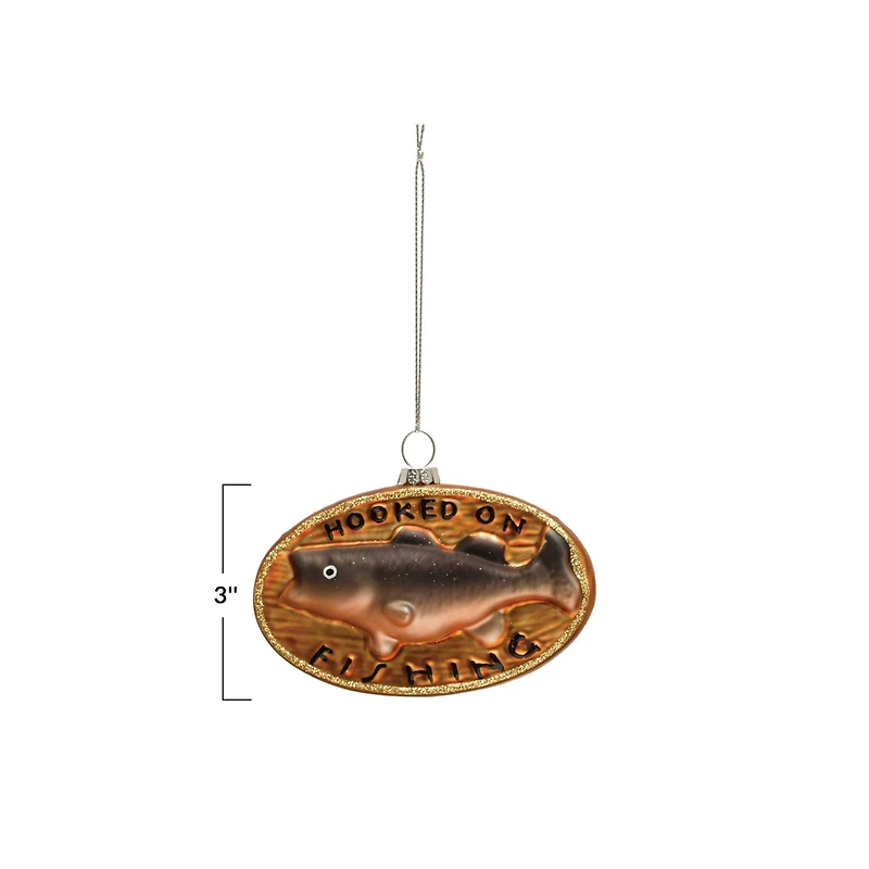 Hand Painted Glass Fish Ornament with Glitter and Hooked on Fishing Text