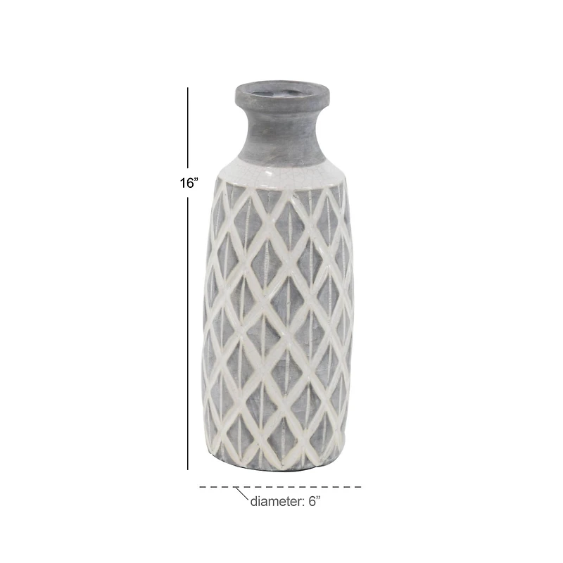 Coastal Gray And White Ceramic Jar Vase With Criss Cross Pattern, 16" x 6" x 6"