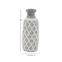 Coastal Gray And White Ceramic Jar Vase With Criss Cross Pattern, 16" x 6" x 6"