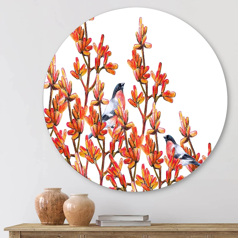 Designart - Flock of Bullfinches Birds on Orange Branches